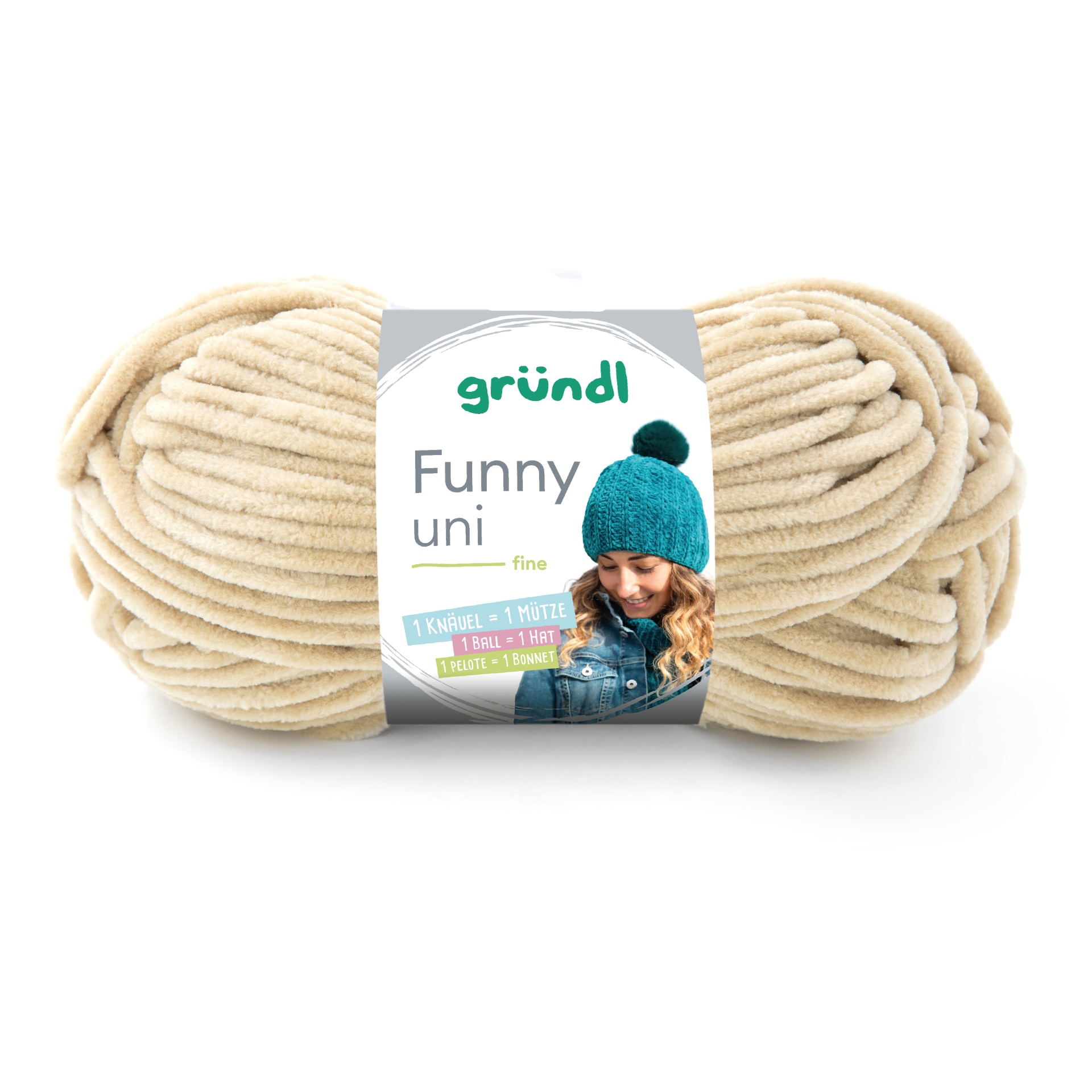 Novelo de lã bege claro Funny uni fine da marca Gründl com etiqueta colorida