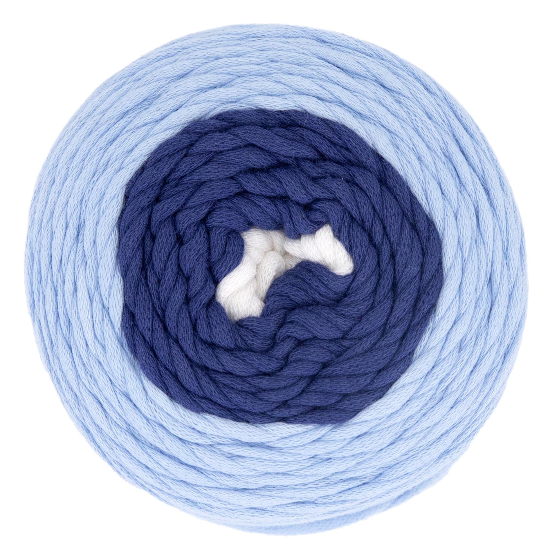 Rolo de fio trançado azul claro, azul escuro e branco enrolado em caracol