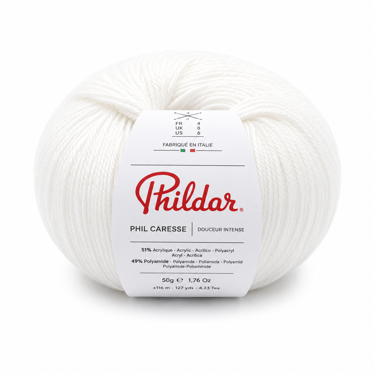 Novelo de fio branco da marca Phildar com rótulo detalhado