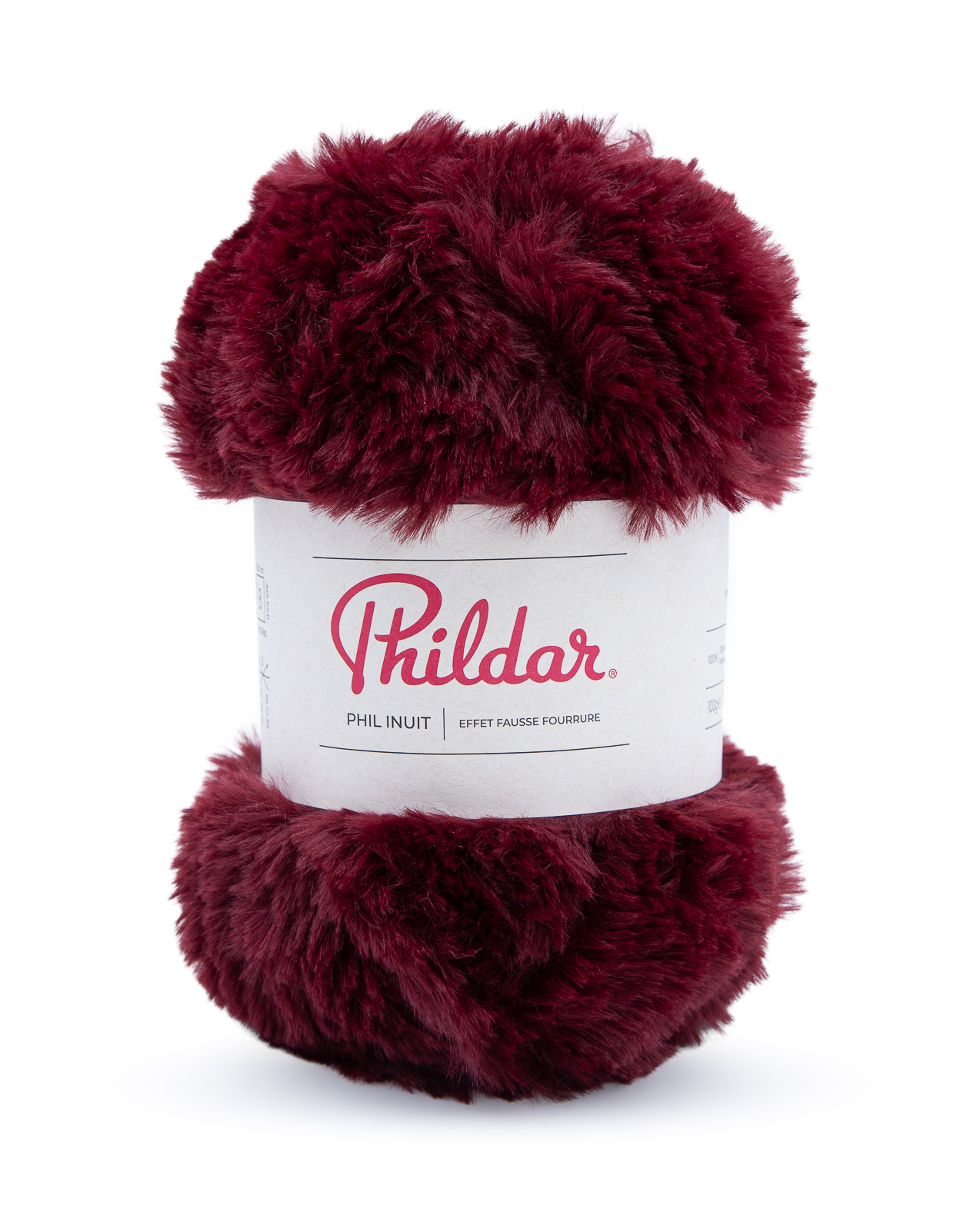 Novelo de lã grossa e felpuda bordô com rótulo Phildar