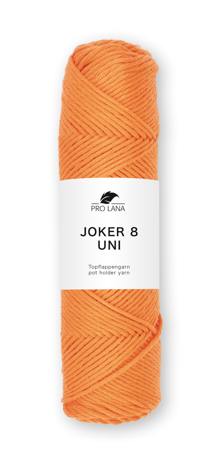 Novelo de fio laranja com etiqueta branca e texto preto