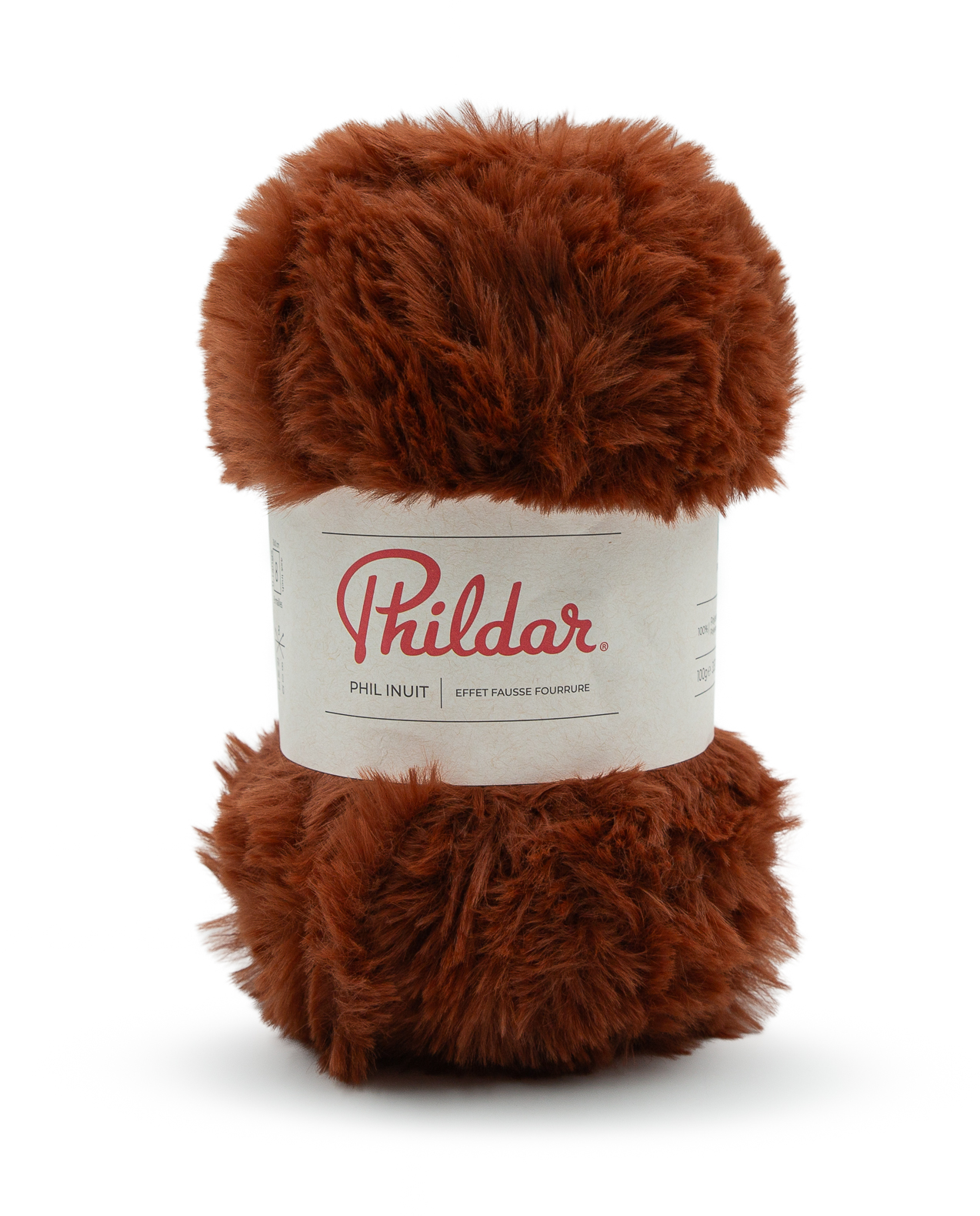 Novelo de fio castanho felpudo com etiqueta Phildar