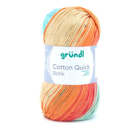 Novelo de fio de algodão multicolorido com etiqueta gründl Cotton Quick Batik.