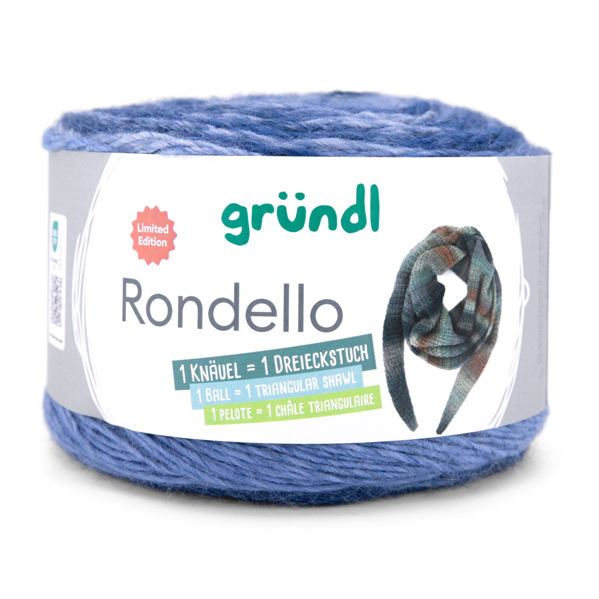 Novelo de fio de lã azul com rótulo da marca gründl, edição limitada, Rondello