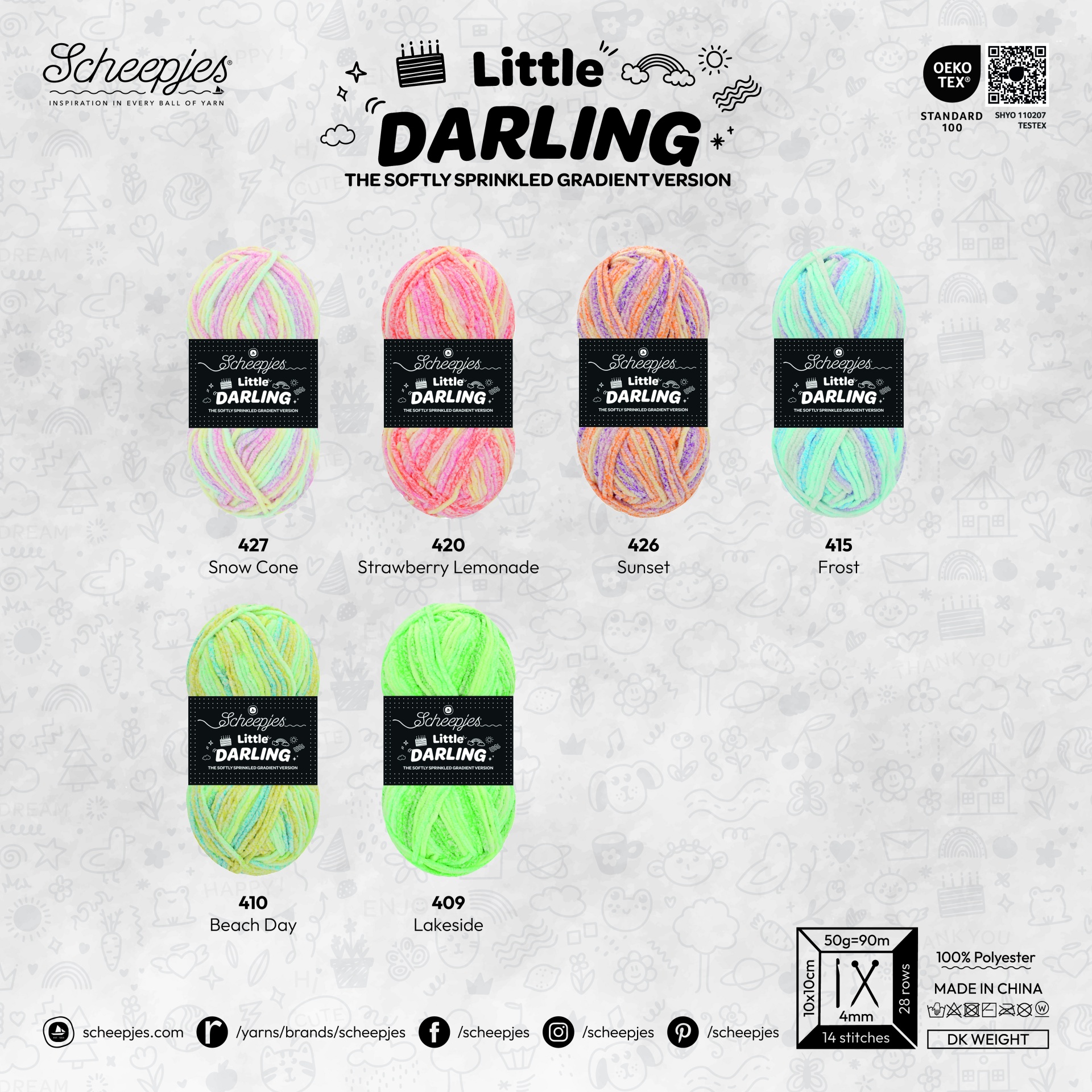 Seis novelos coloridos Scheepjes Little Darling com rótulos pretos e números e nomes das cores