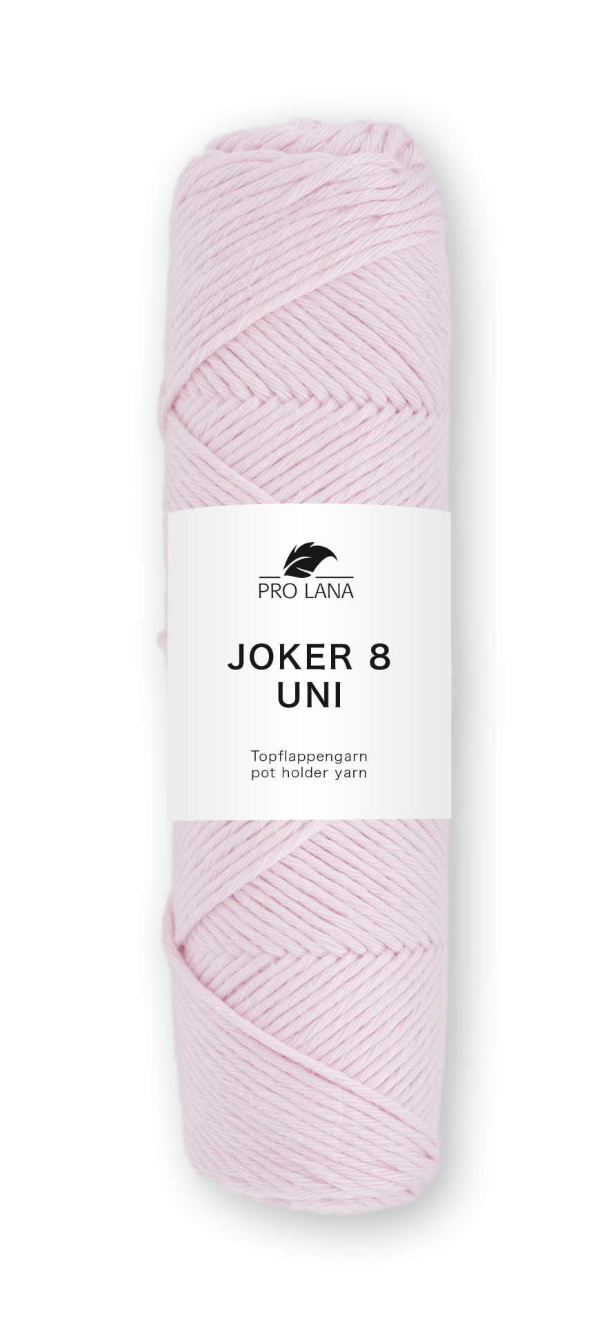 Novelo de lã cor rosa claro com etiqueta branca da marca PRO LANA e texto JOKER 8 UNI