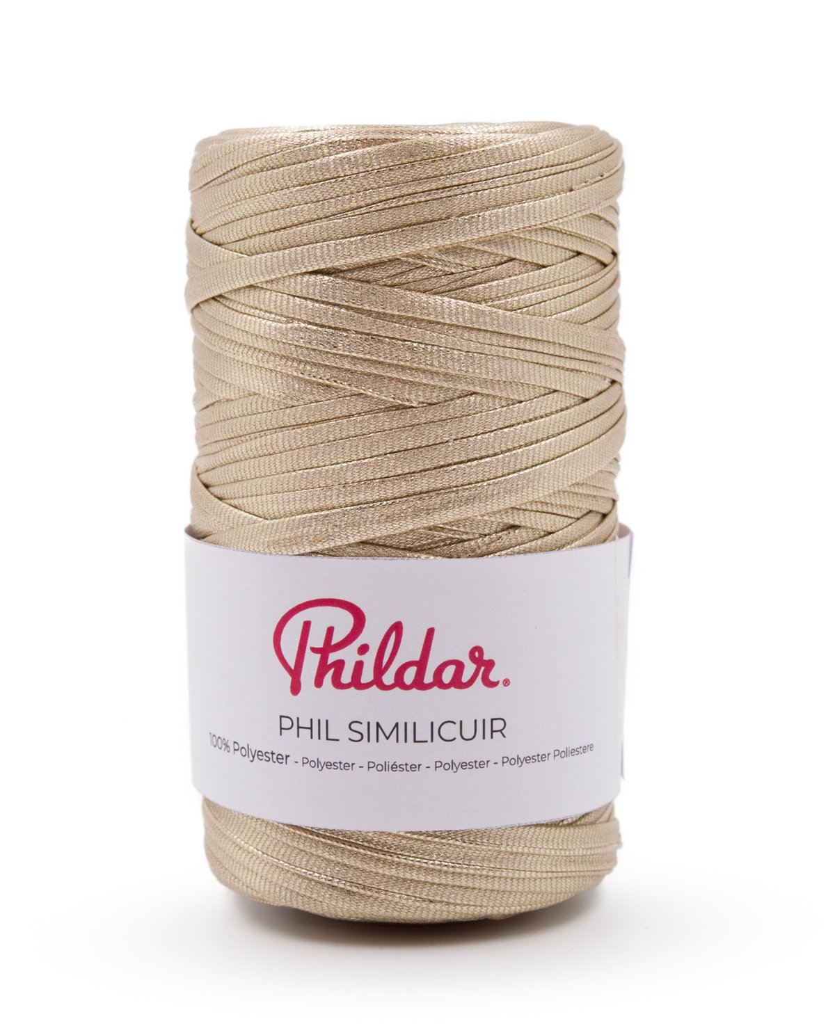 Rolo de fita de tecido bege com etiqueta branca Phildar.
