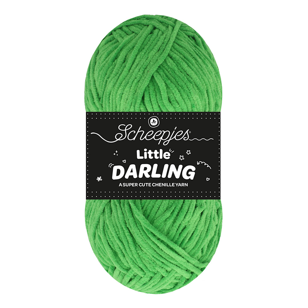 Novelo de fio chenille verde com etiqueta preta Scheepjes Little DARLING