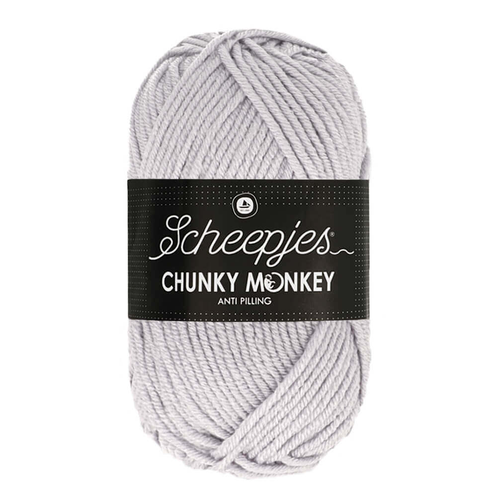 Novelo de lã cinzento claro com etiqueta preta Scheepjes Chunky Monkey