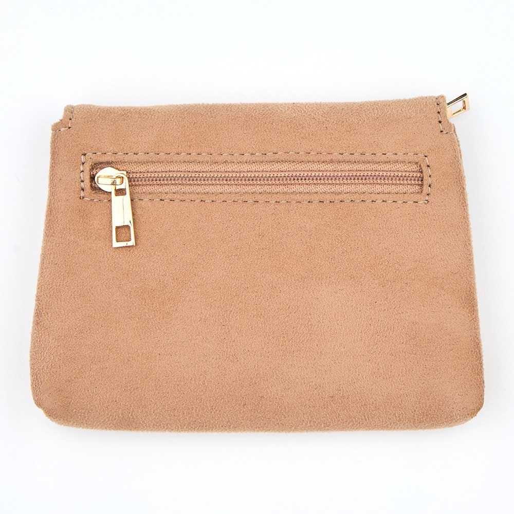 Carteira pequena em camurça castanho claro com fecho ZIP dourado