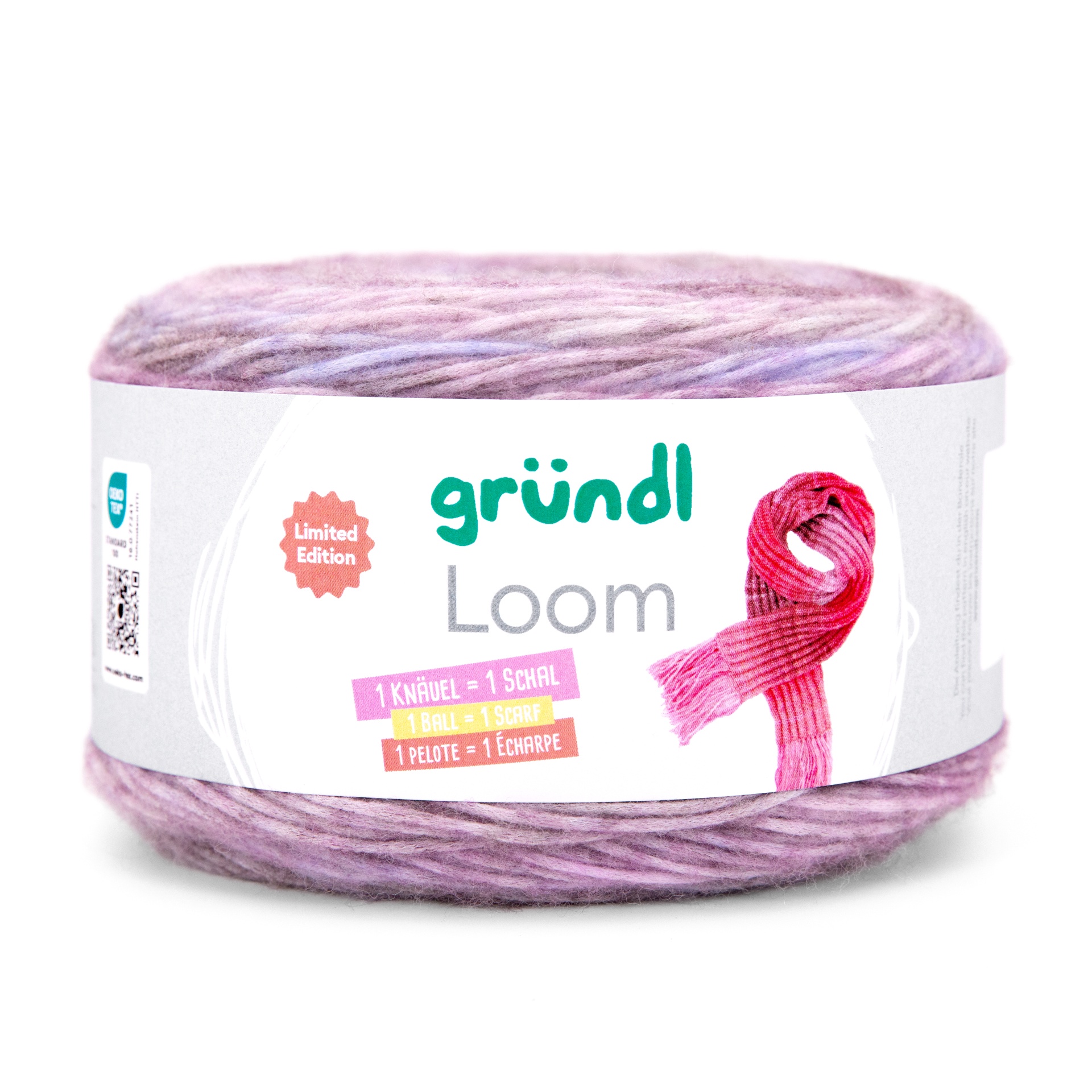 Novelo de lã rosa e lilás com etiqueta branca e texto gründl Loom Limited Edition