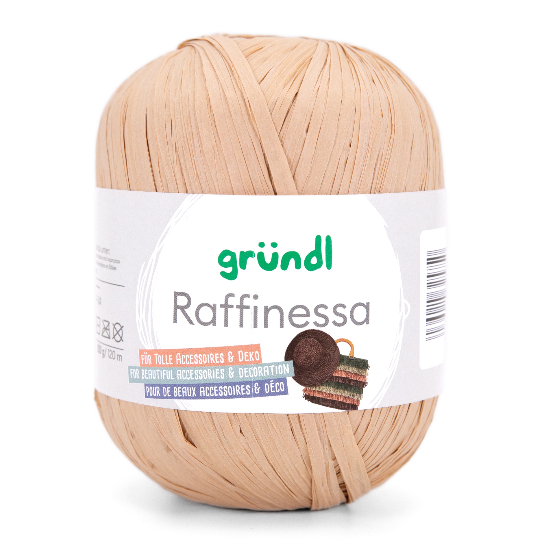 Rolo de fio bege para acessórios e decoração com etiqueta branca e textos multilingues