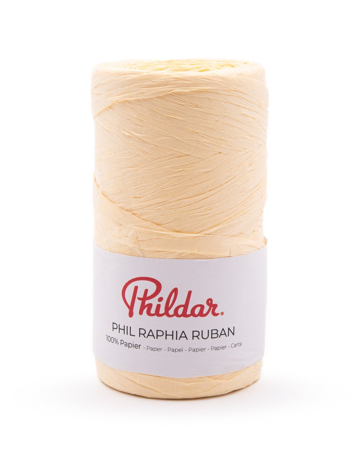 Rolo de fita de ráfia bege clara com etiqueta branca PHILDAR PHIL RAPHIA RUBAN