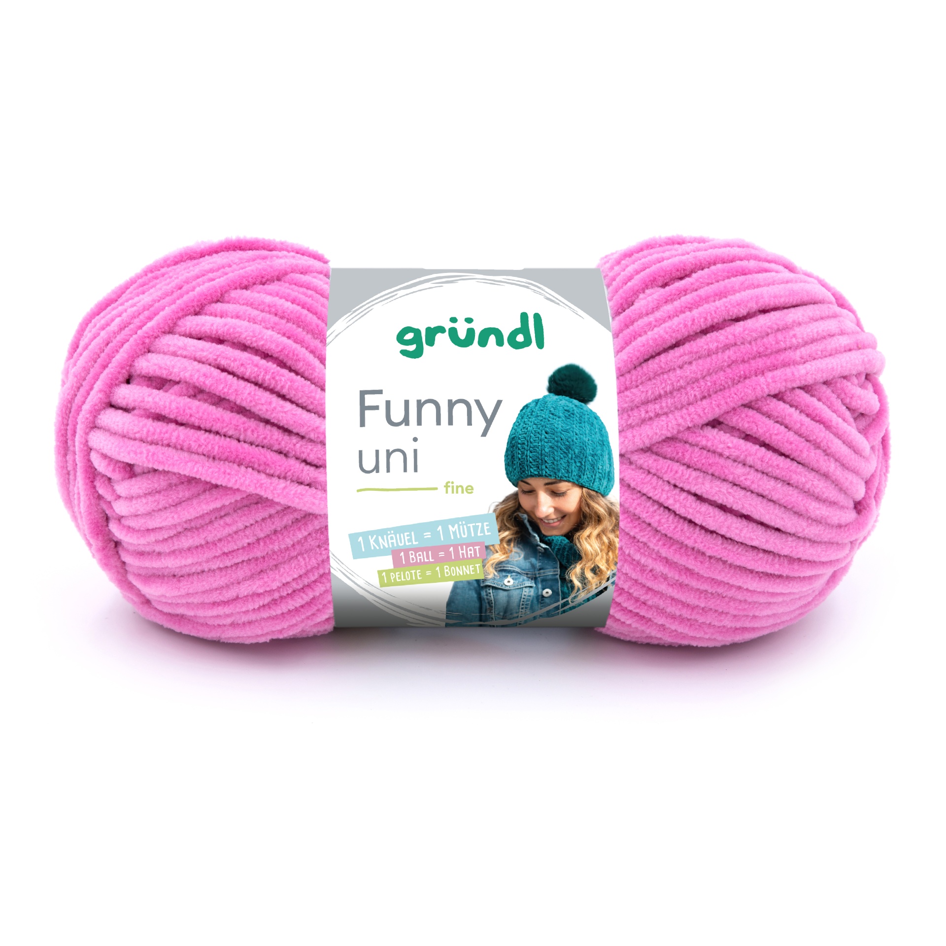 Skein of pink yarn with gründl Funny uni fine label and teal hat image