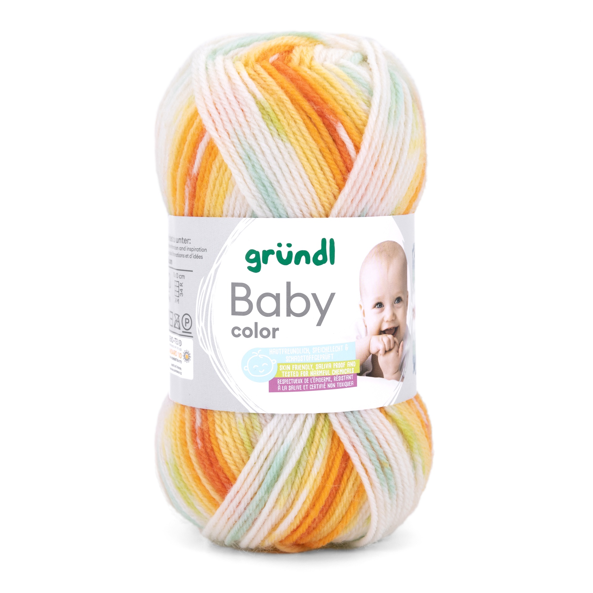 Novelo de lã multicolorida Baby color da grüncl com imagem de bebé na etiqueta