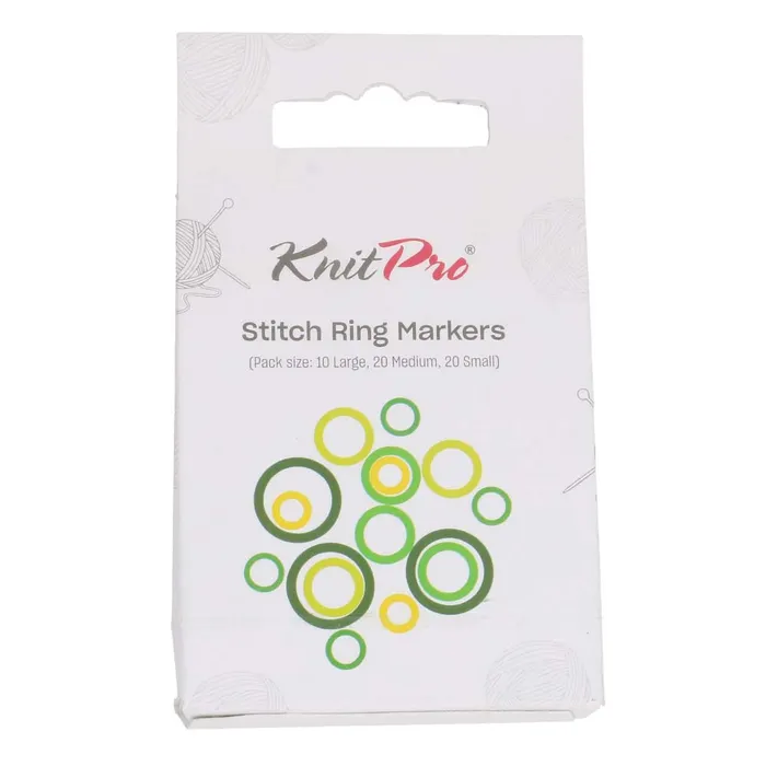 Embalagem de marcadores de anel para pontos de tricot KnitPro em branco com design de círculos coloridos