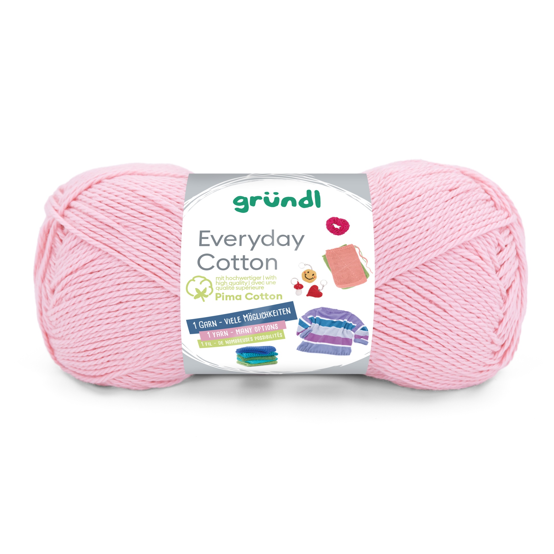 Novelo de fio de algodão cor-de-rosa claro com rótulo branco e texto