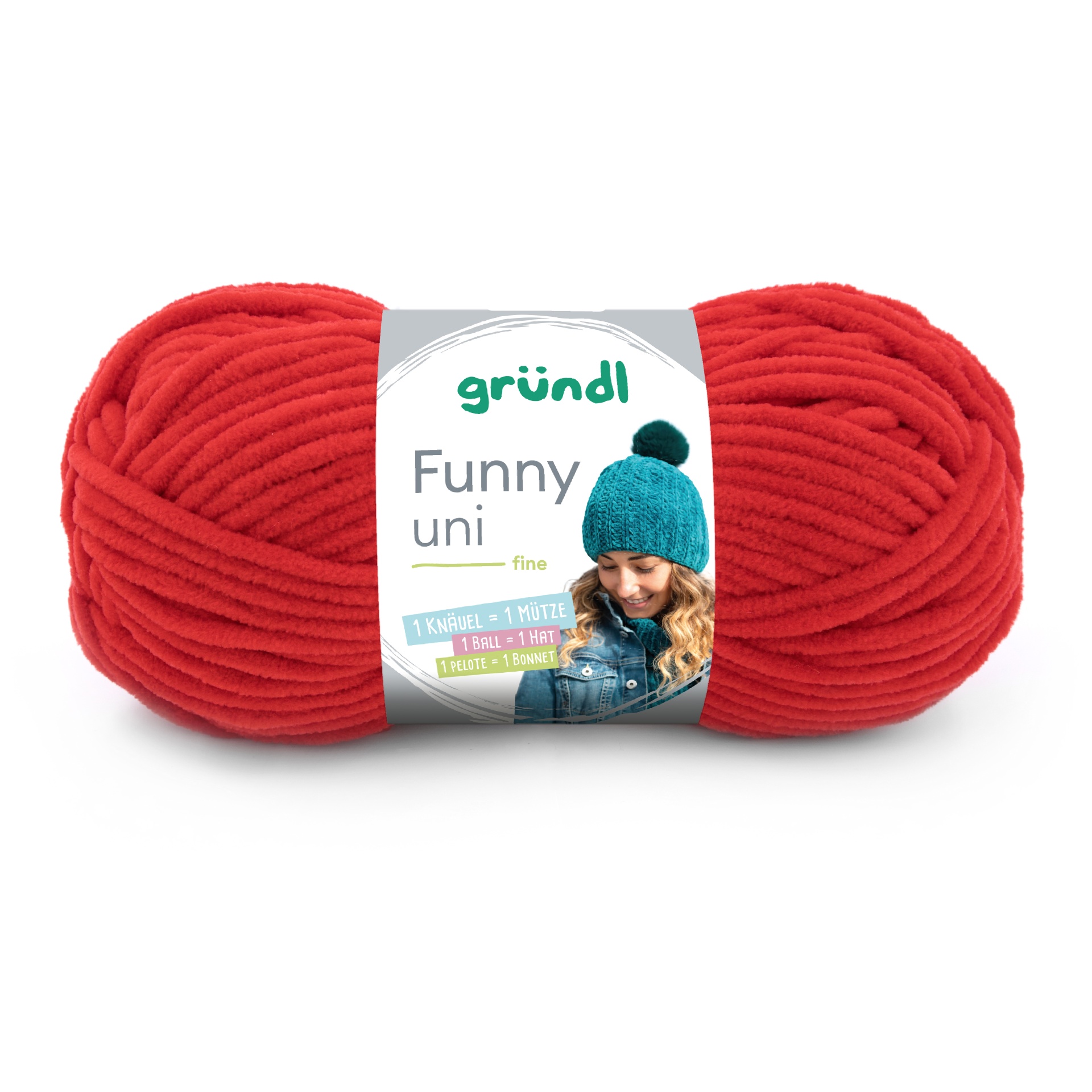 Novelo de lã vermelho com etiqueta da marca gründl