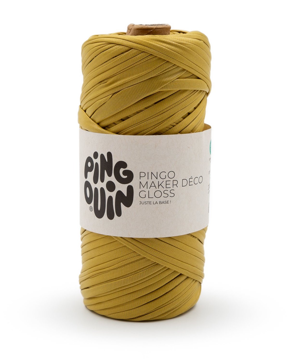 Rolo de fio amarelo mostarda com etiqueta PINGOUIN PINGO MAKER DÉCO GLOSS