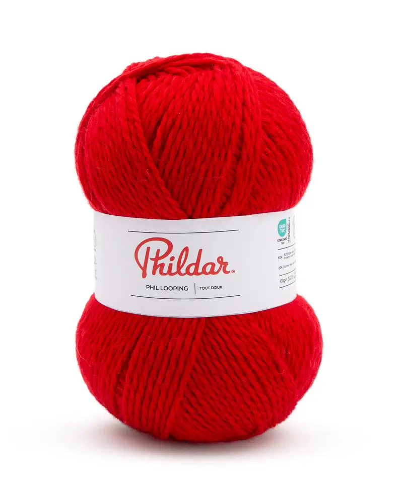 Novelo de lã vermelho Phildar com etiqueta branca