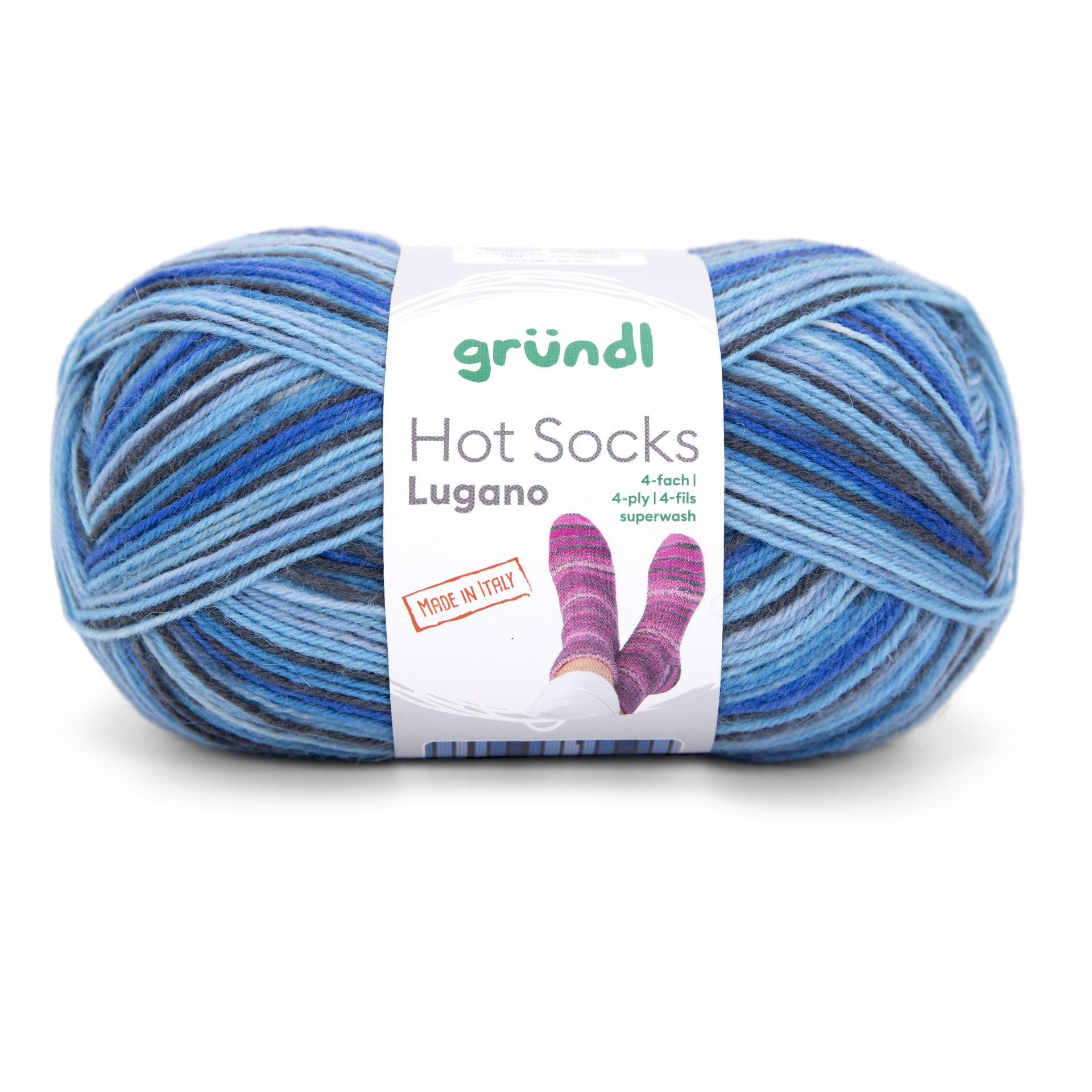 Novelo de lã azul com etiqueta grundl Hot Socks Lugano