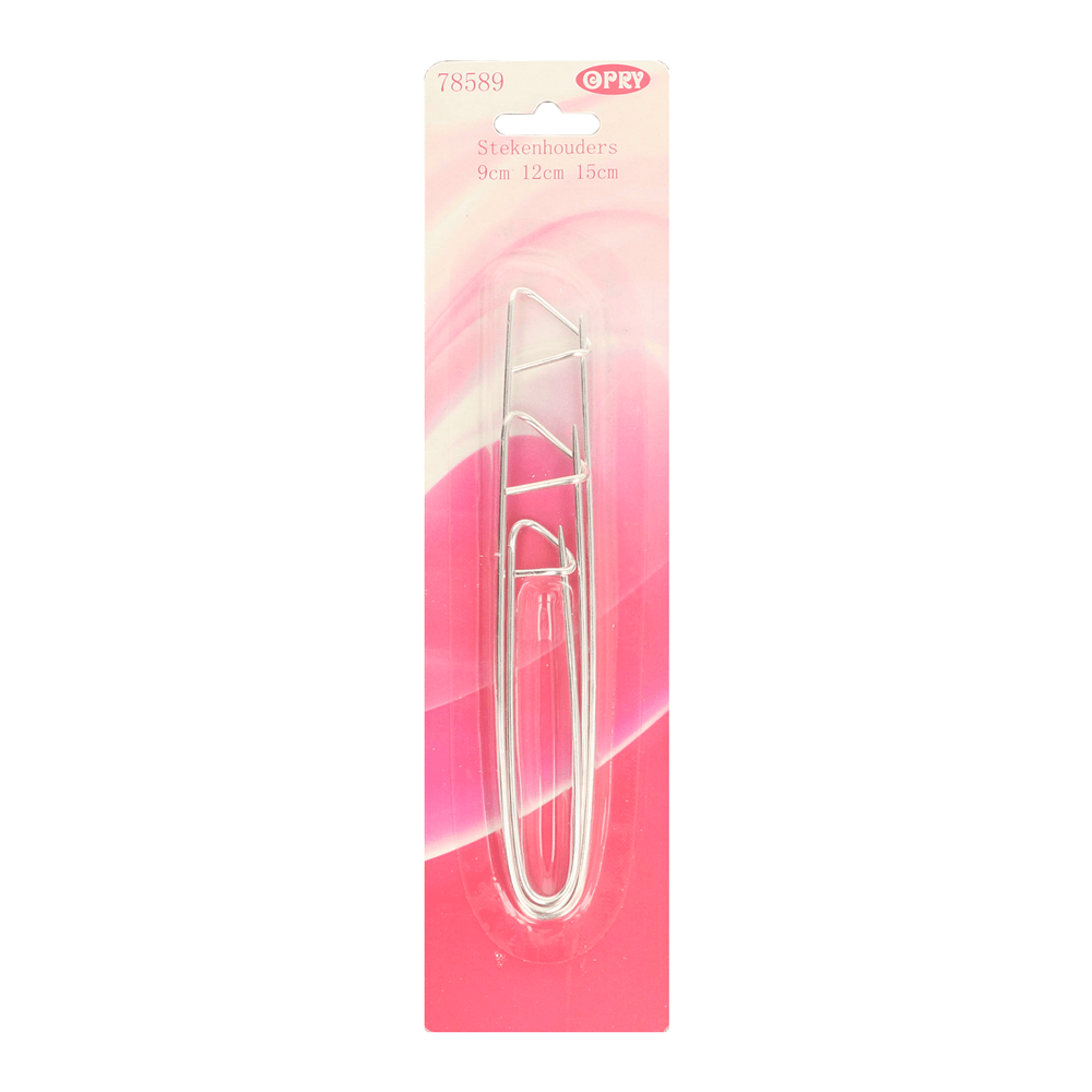 Prendedor de papel em metal com letra 'PARA' na embalagem branca e rosa