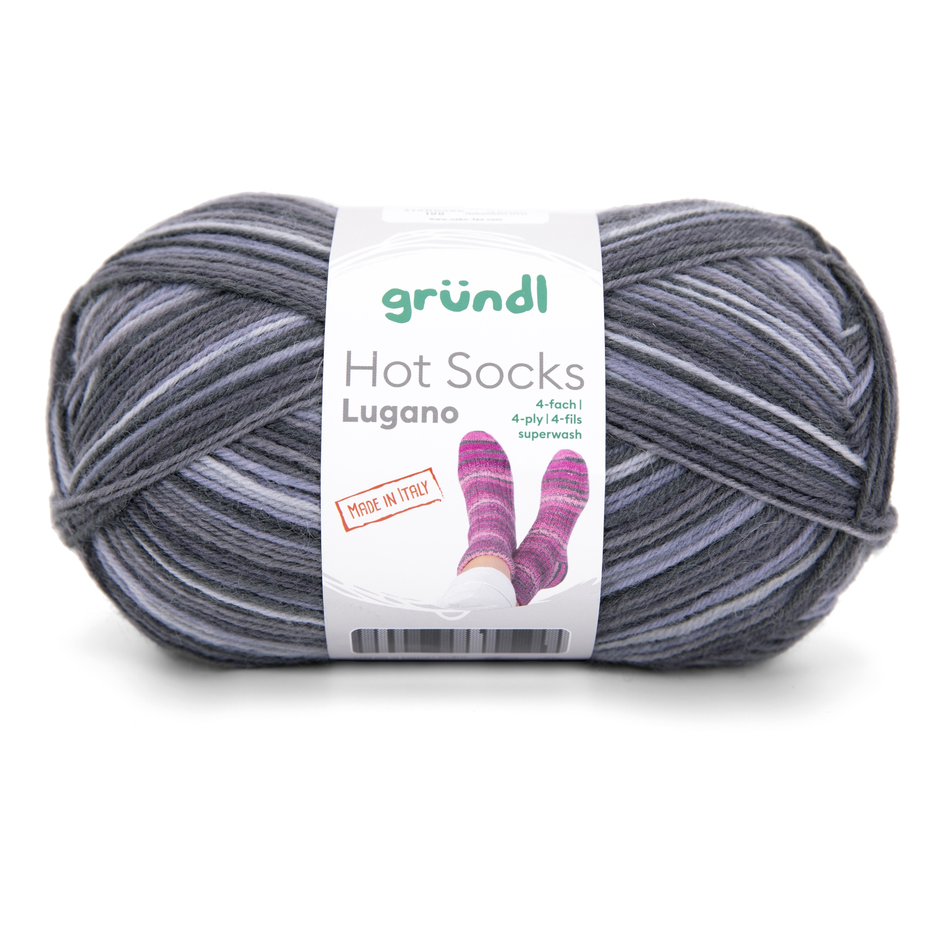 Novelo de lã cinza para meias com etiqueta branca