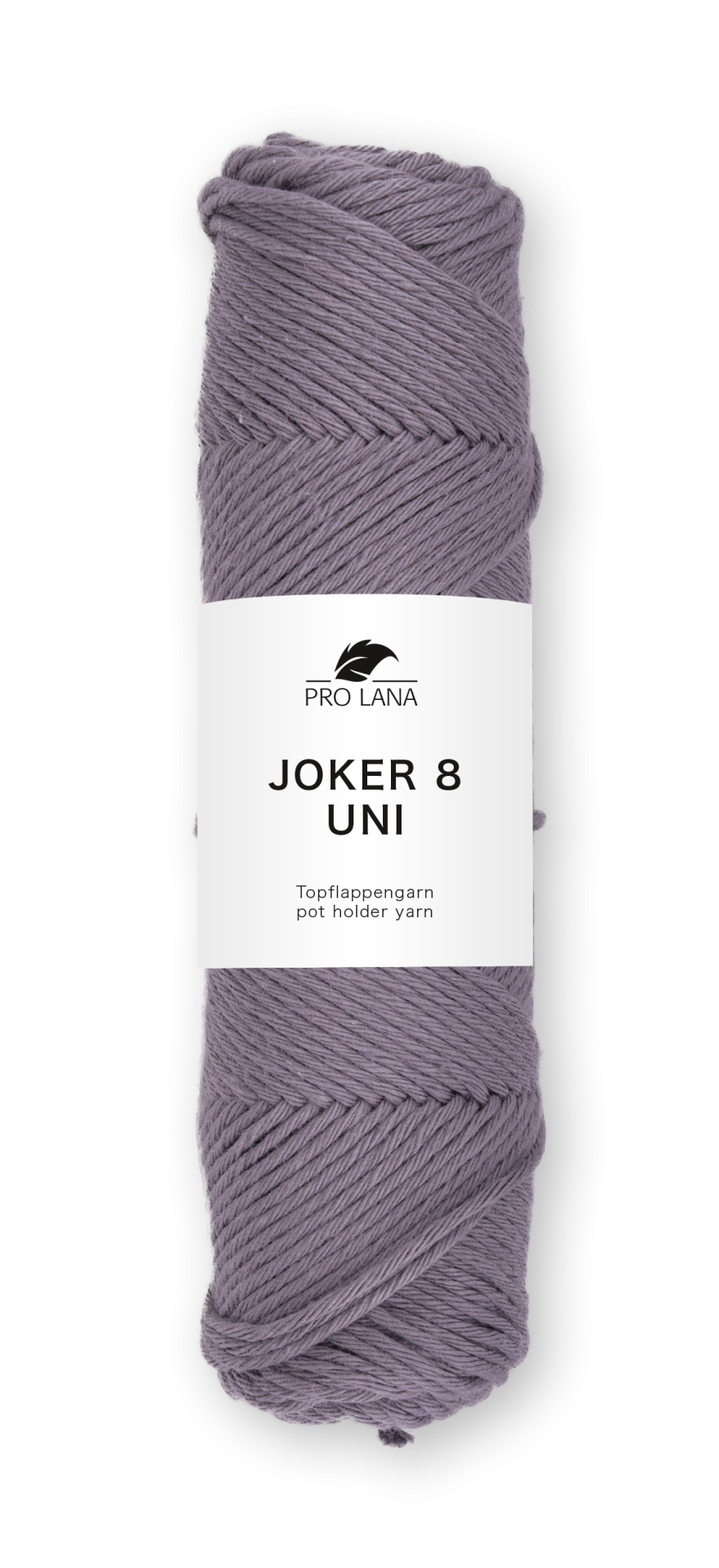 Novelo de fio lilás com etiqueta branca e texto