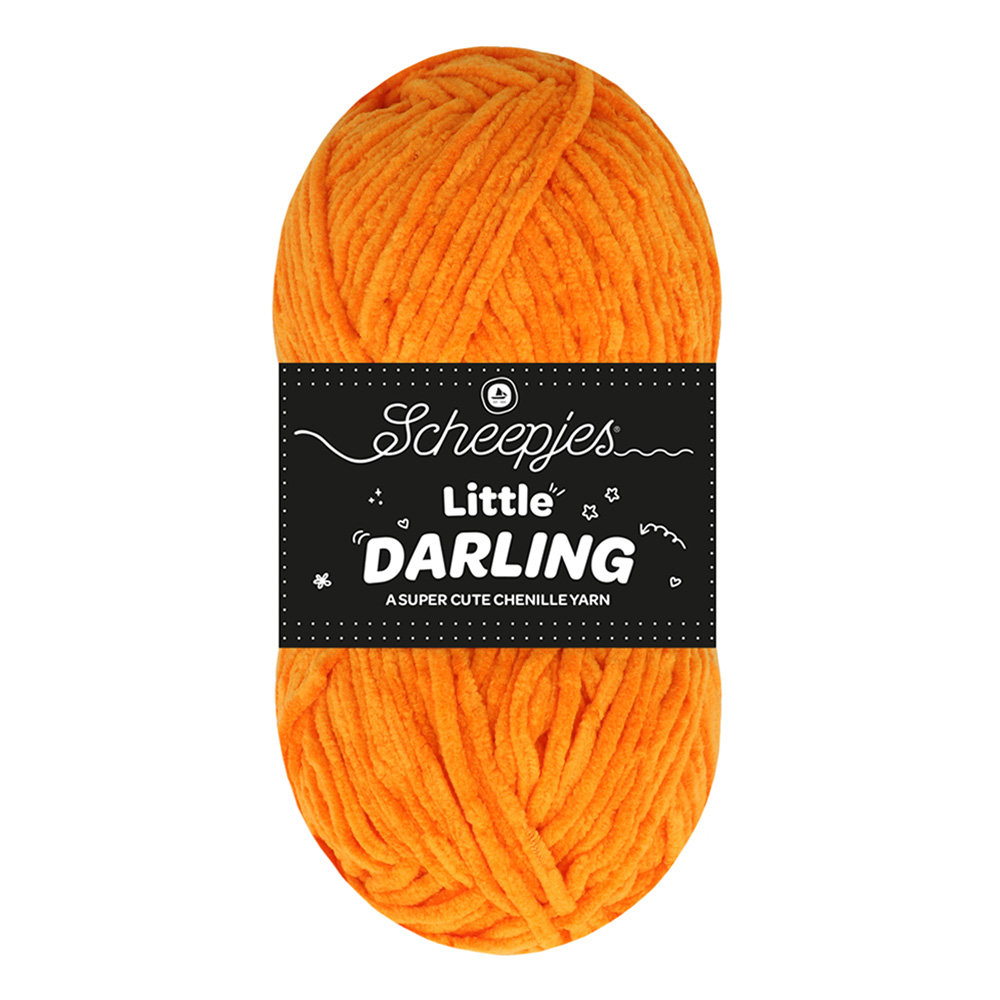 Novelo de lã chenille laranja com etiqueta preta Scheepjes Little Darling