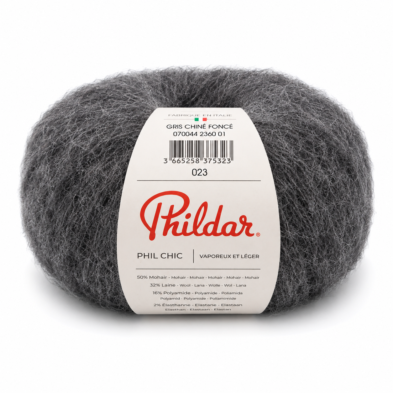 Novelo de fio cinza escuro Phildar Phil Chic com etiqueta branca