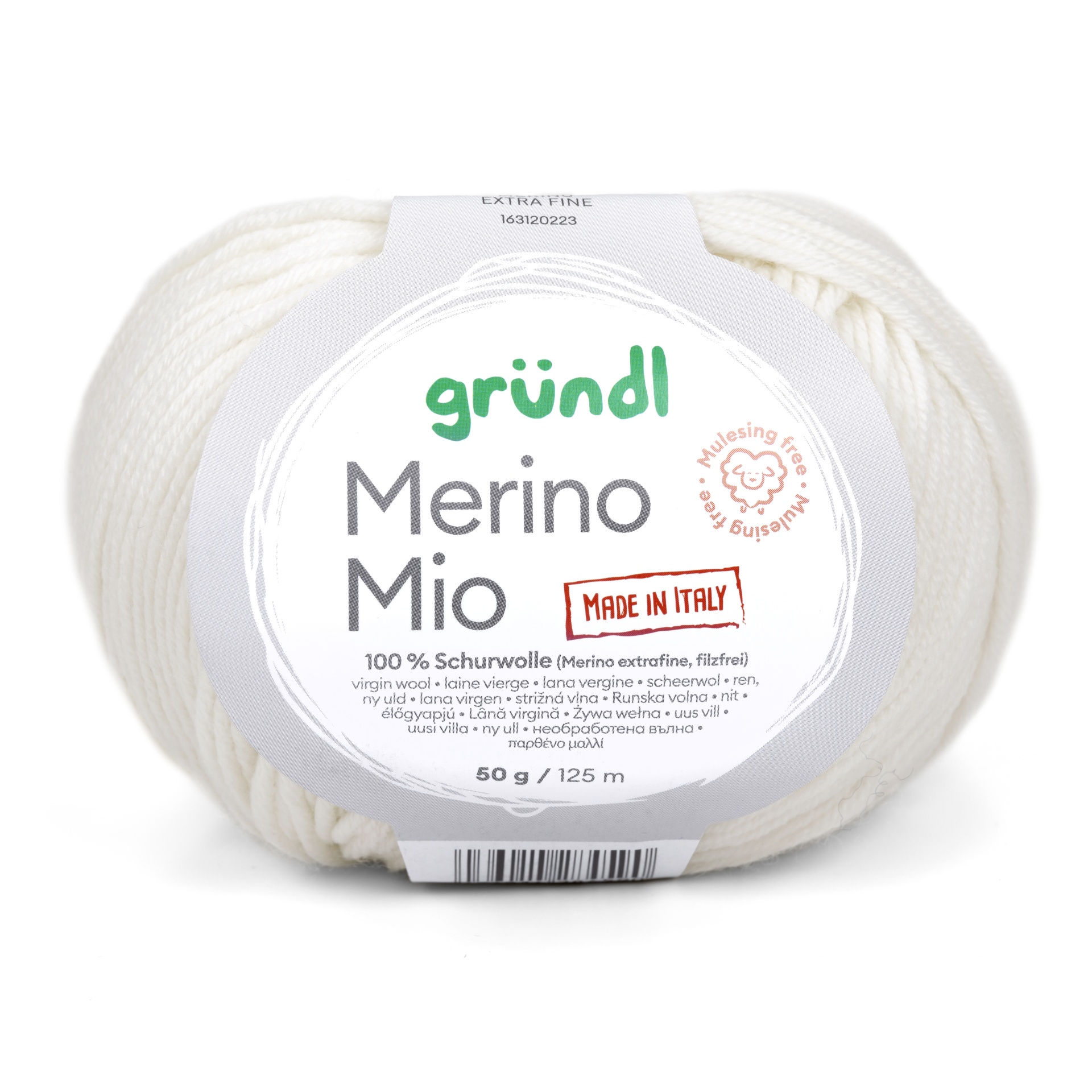 Novelo de lã branca com etiqueta Merino Mio da marca gründl