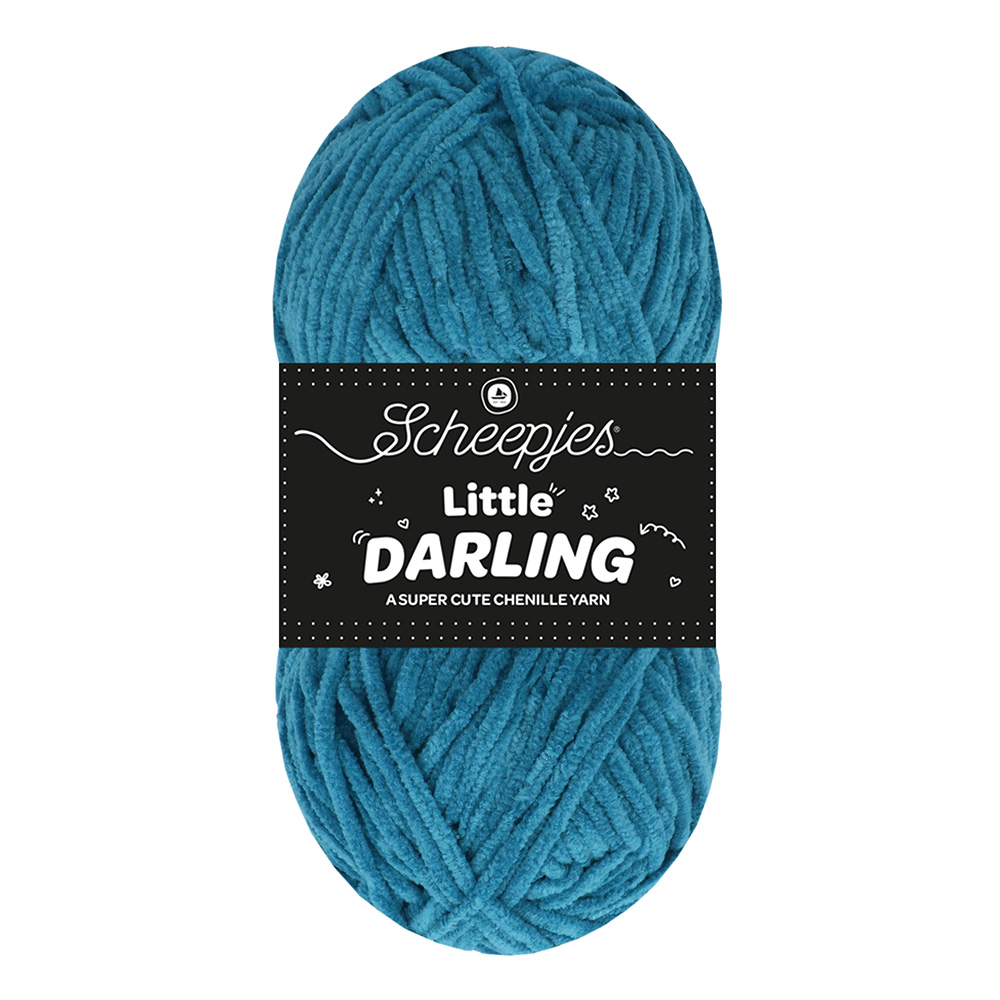 Novelo de fio chenille azul Scheepjes Little Darling com etiqueta preta