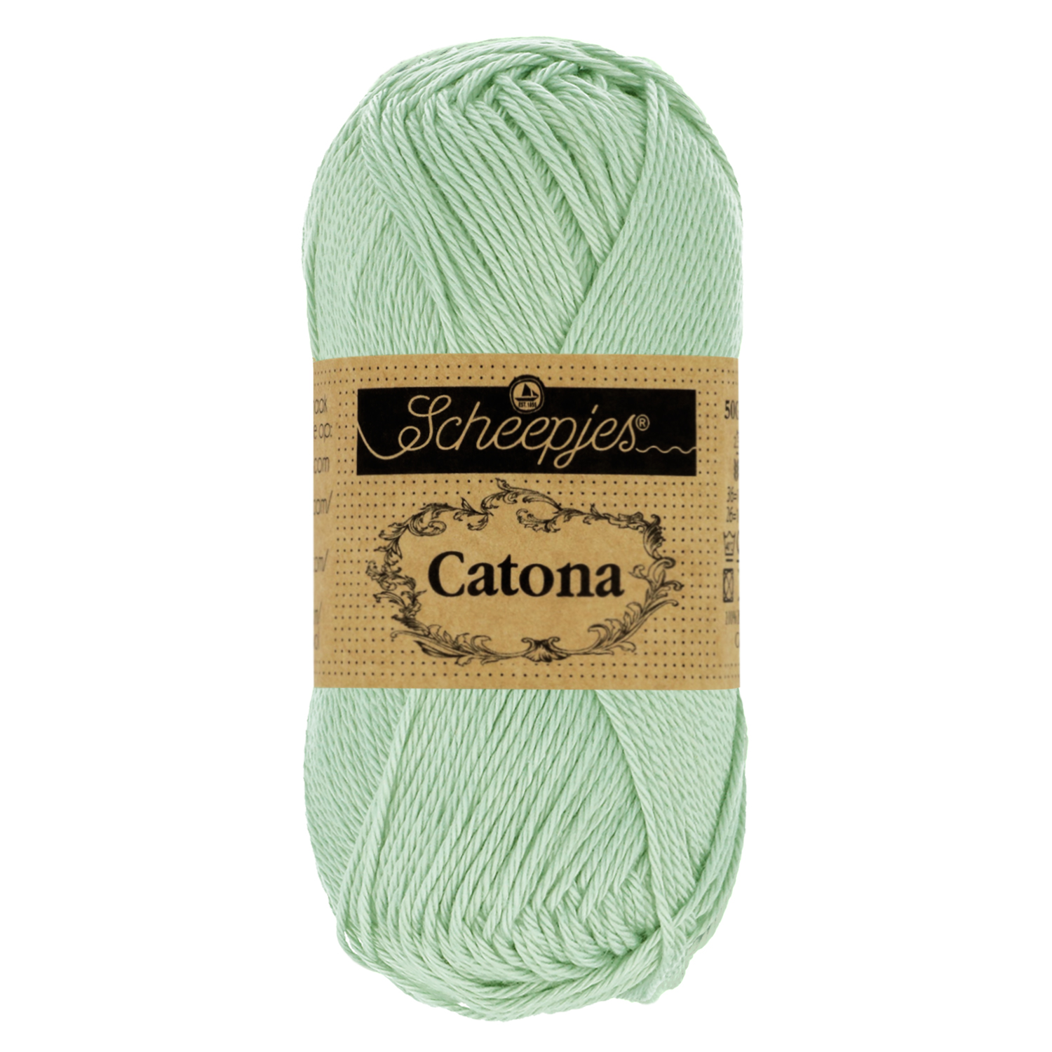 Novelo de lã verde claro Scheepjes Catona com rótulo