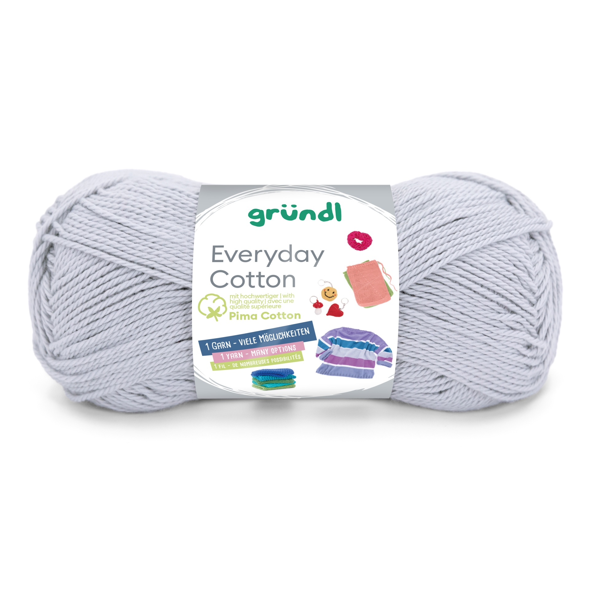 Novelo de fio de algodão cinzento claro com rótulo marca gründl
