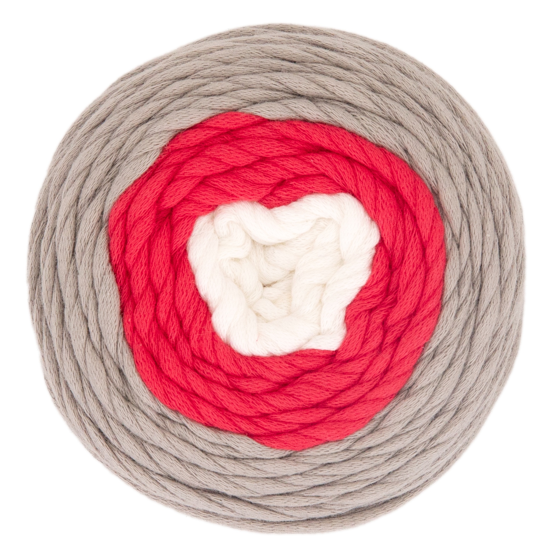 Cordões trançados em cores bege, vermelho e branco em espiral
