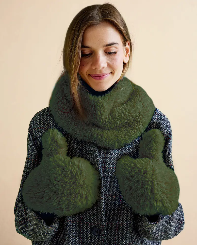 Cachecol e luvas peludas verdes com casaco cinzento de padrão espinha de peixe