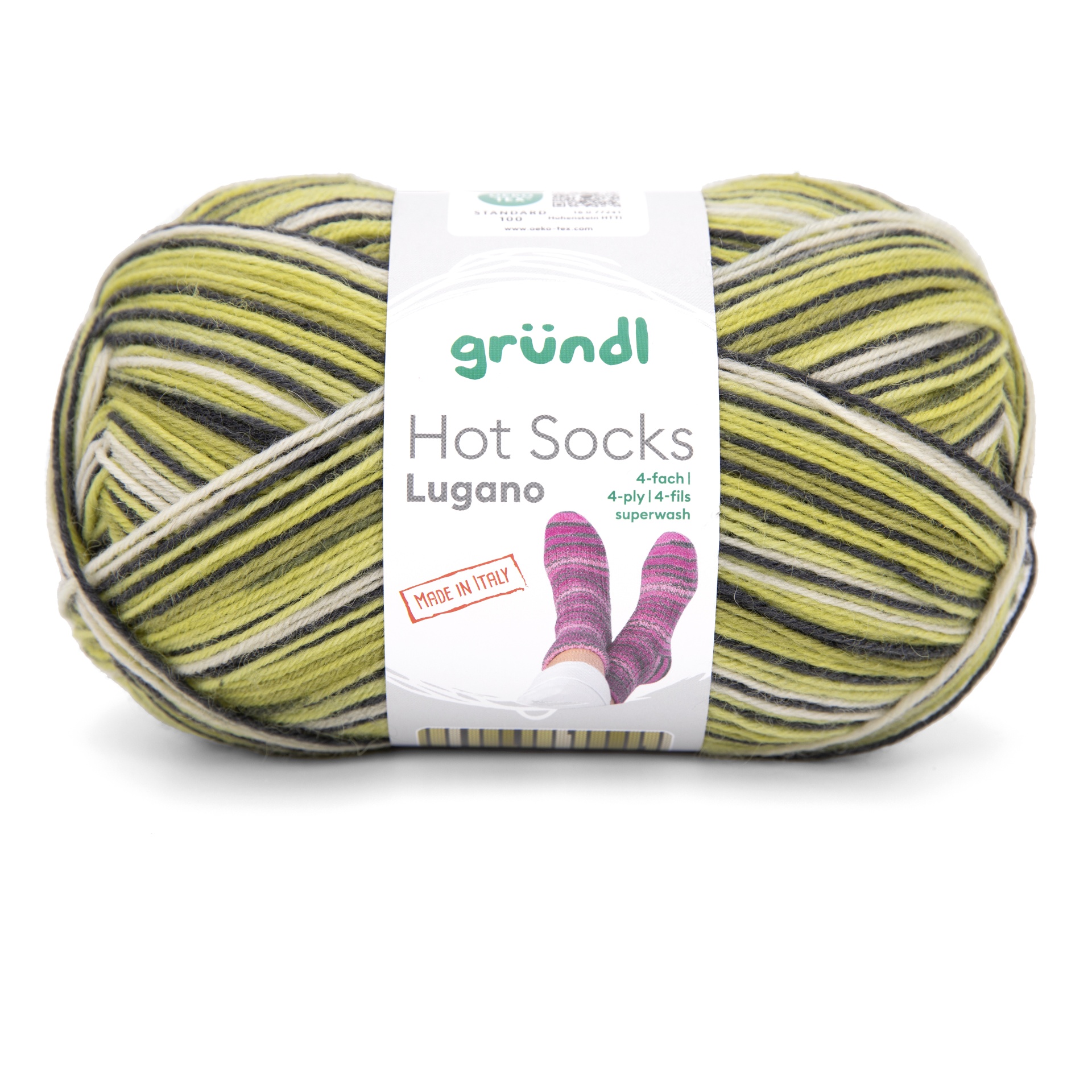 Novelo de lã multicolorida com etiqueta 'gründl Hot Socks Lugano' e imagem de meias