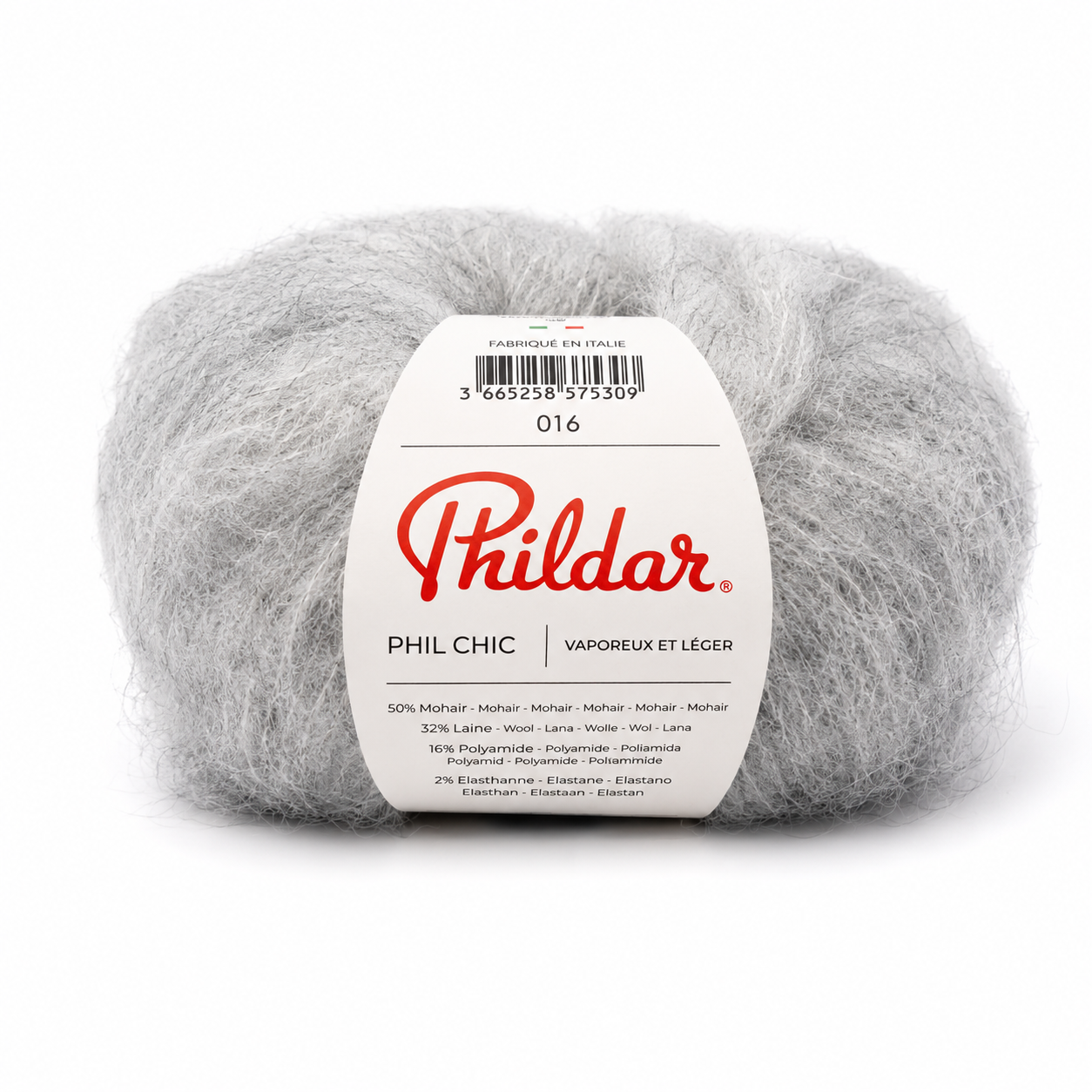 Novelo de lã cinzenta com rótulo branco Phildar PHIL CHIC