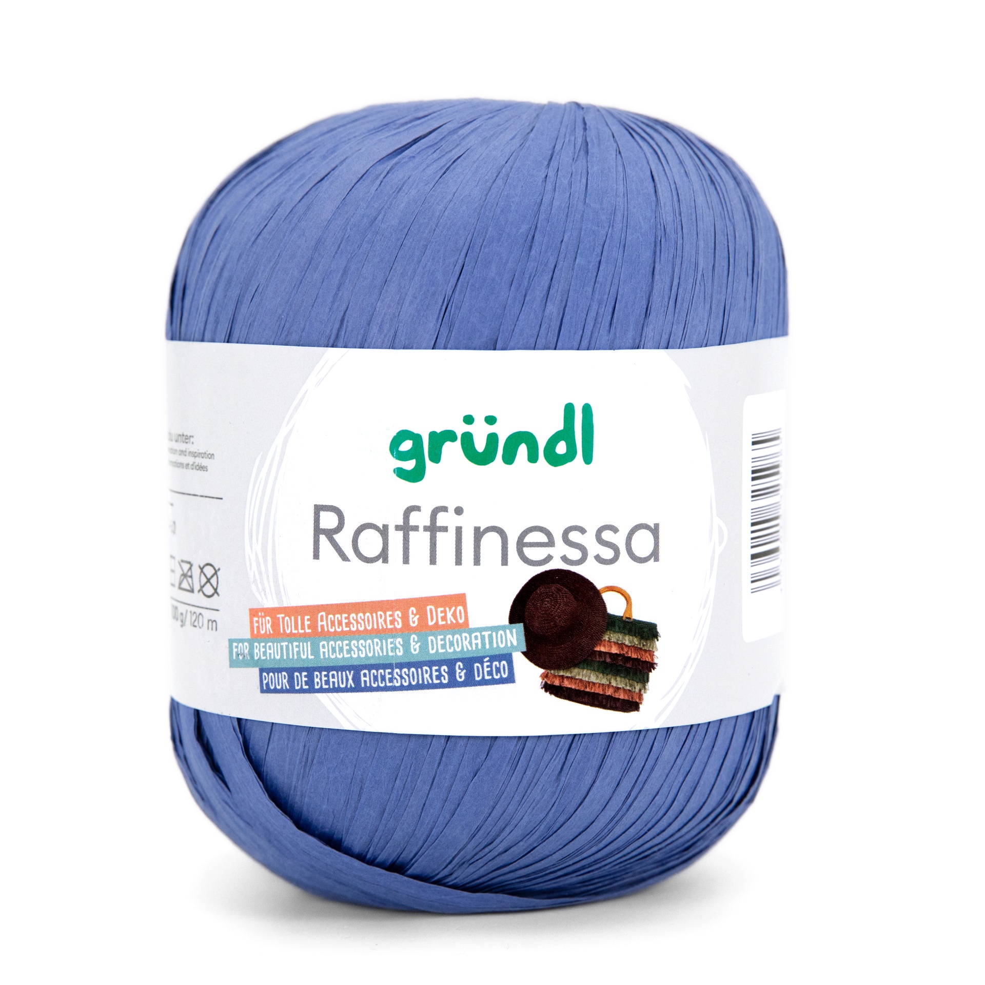 Rolo de fio azul claro gründl Raffinessa com rótulo branco