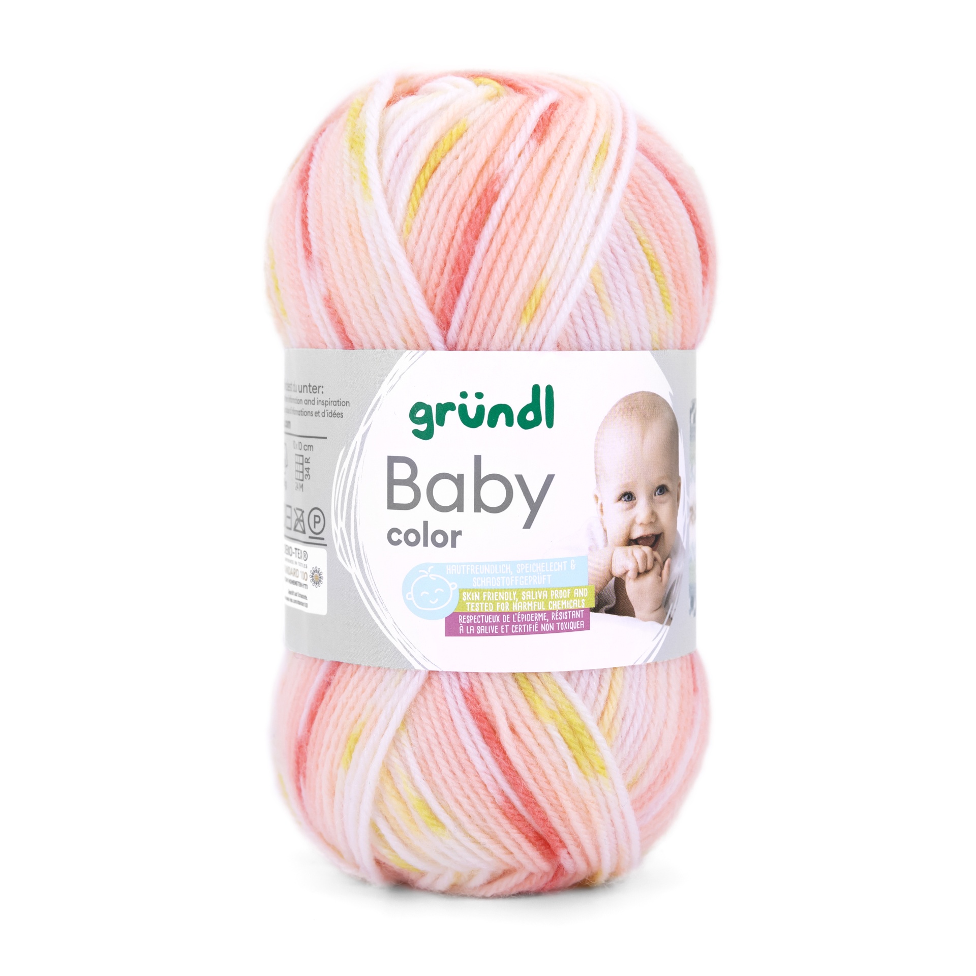 Novelo de lã Baby color da marca gründl com etiqueta e imagem de bebé