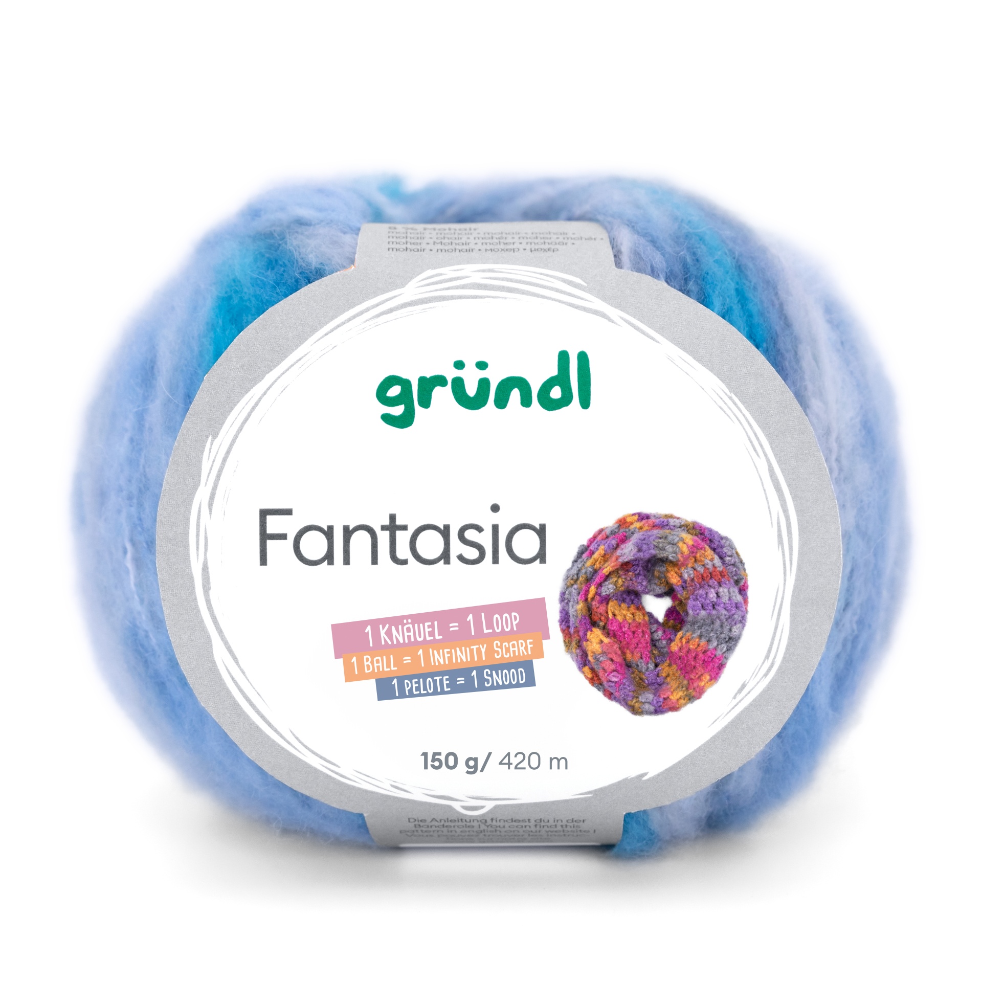 Novelo de lã grossa azul claro com etiqueta branca da marca grünidl Fantasia