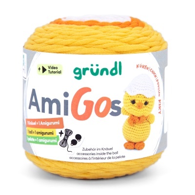 Novelo de lã amarelo com etiqueta branca e imagem de amigurumi de pintainho