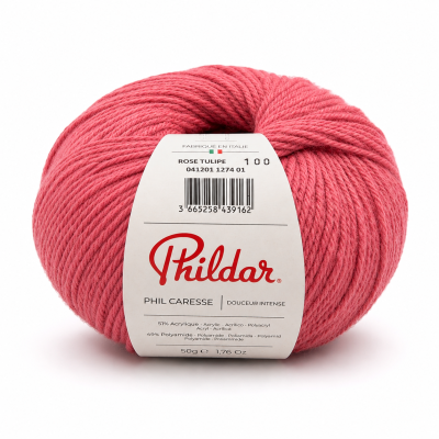 Novelo de lã cor de rosa com etiqueta Phildar