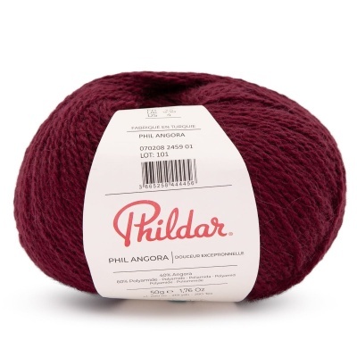 Novelo de fio de lã Phil Angora vinho com etiqueta branca