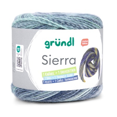 Papel de lã Sierra multicolorida com etiqueta branca e desenho de chale triangular