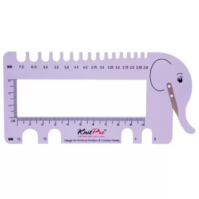 Régua lilás forma de elefante com medidas para agulhas de tricô