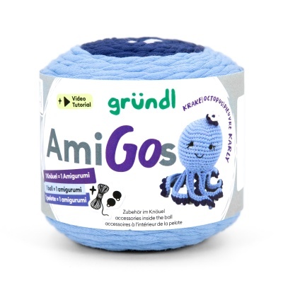 Novelo de fio azul claro e escuro com rótulo da marca gründl e imagem de polvo croché