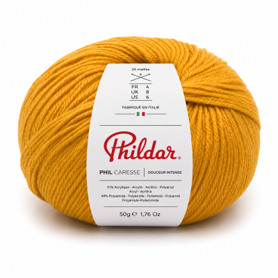 Novelo de lã amarelo Phildar com etiqueta branca