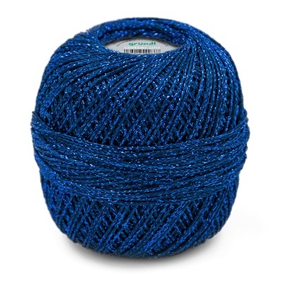 Novelo de fio azul metálico brilhante com etiqueta central GRÜNDL Glitter uni