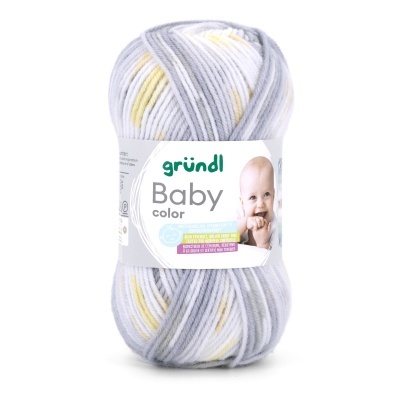 Novelo de lã multicolor em tons suaves com etiqueta 'gründl Baby color' e imagem de bebé